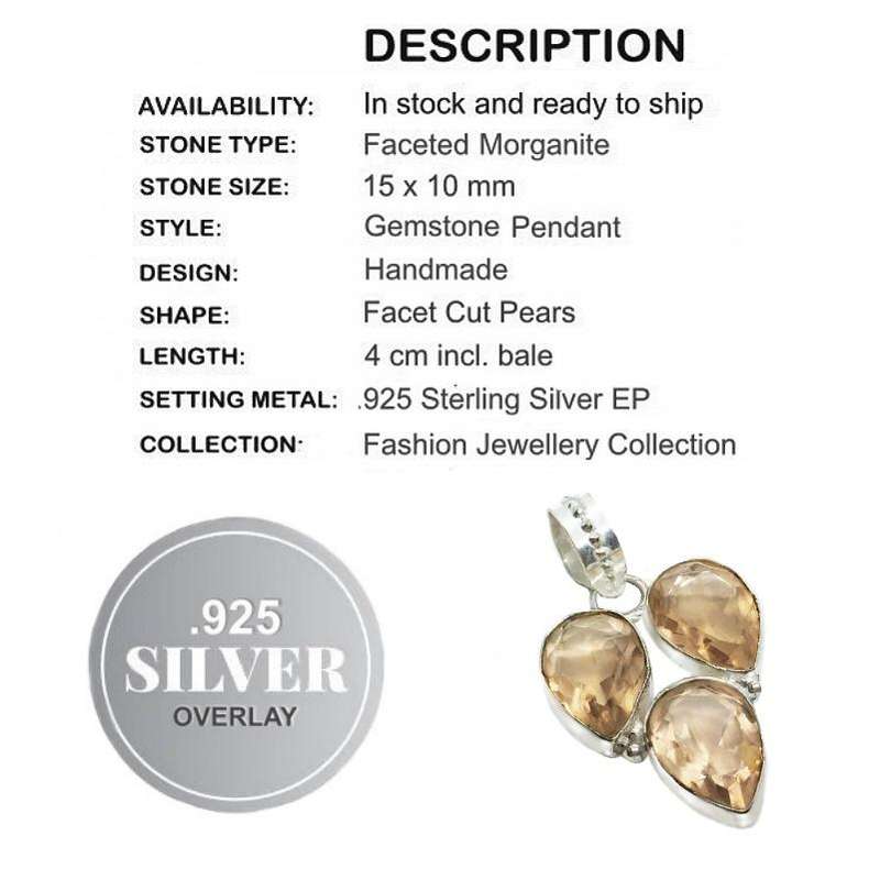 Faceted Morganite Pears Set in .925 Sterling Silver Plated Handmade Pendant