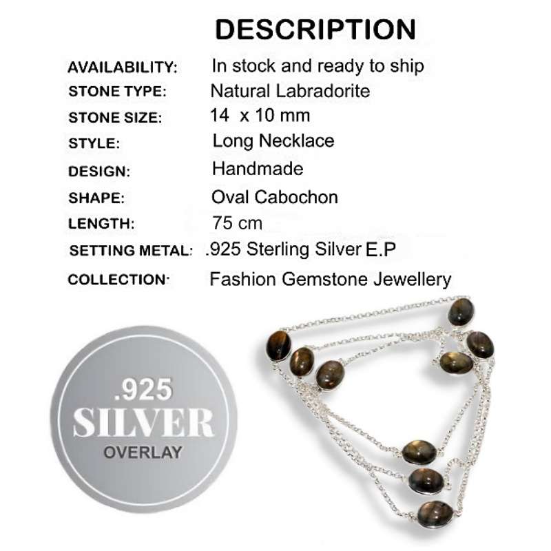 75 cm Natural Labradorite Oval Gemstones set in 925 Sterling Silver Plated Handmade Long Necklace