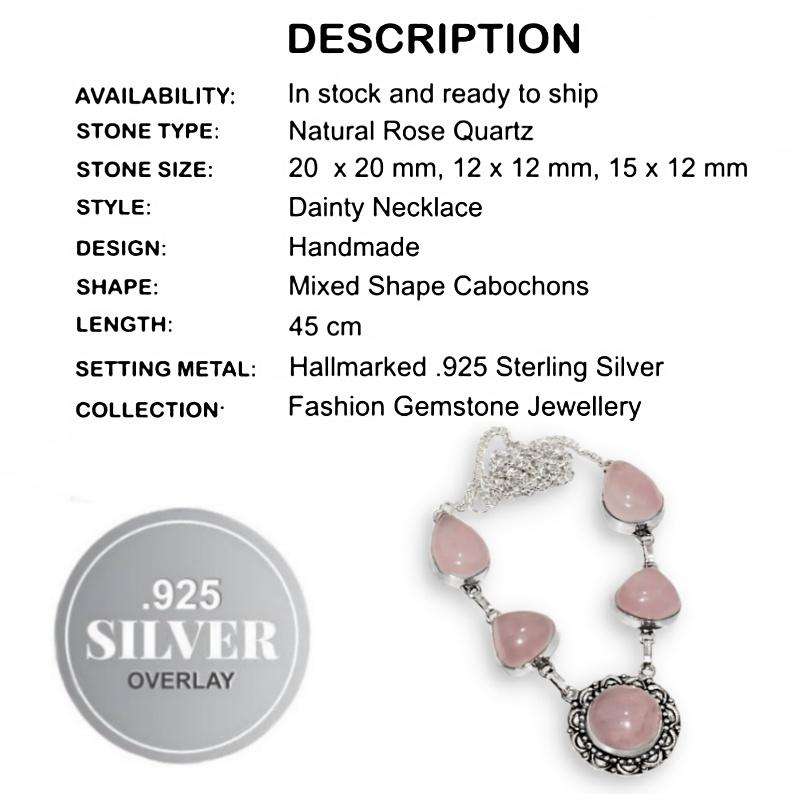 Dainty Natural Feminine Pink Rose Quartz set in .925 Sterling Silver Plated necklace