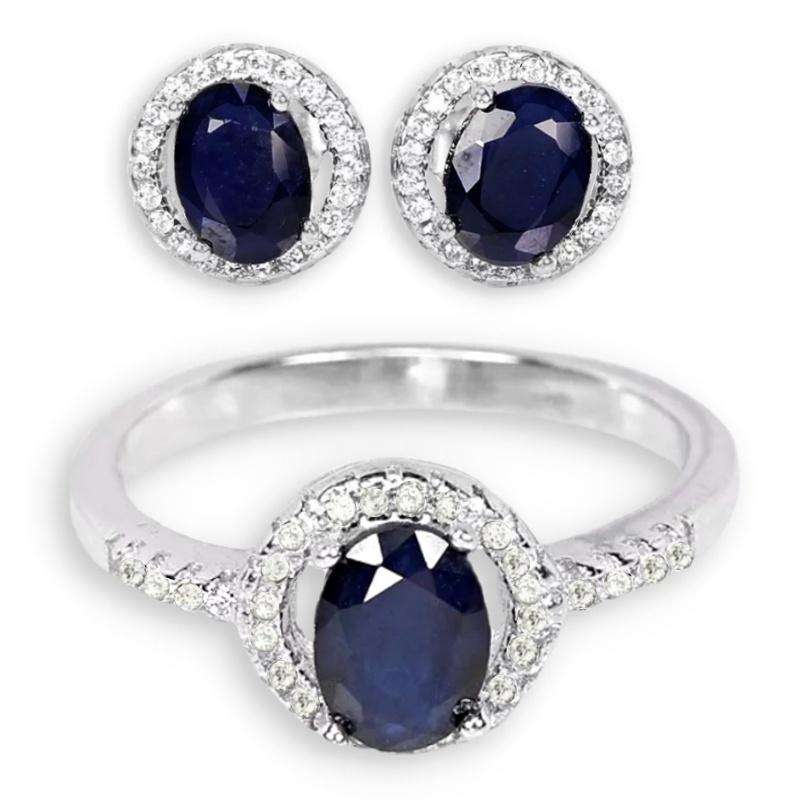 Deluxe Natural Blue Sapphire & White Cubic Zirconia in Solid 925 Silver 14K W/Gold Ring Size 6.75