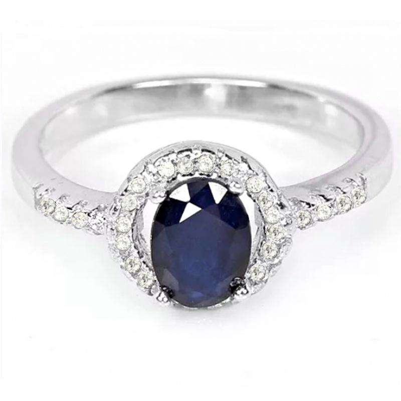 Deluxe Natural Blue Sapphire & White Cubic Zirconia in Solid 925 Silver 14K W/Gold Ring Size 6.75
