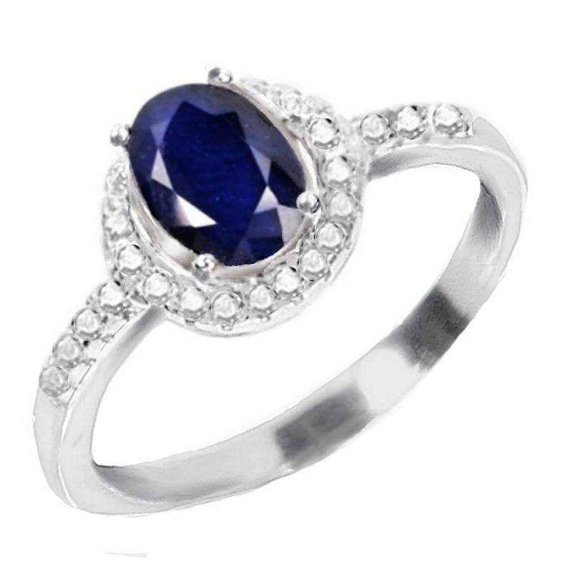 Deluxe Natural Blue Sapphire & White Cubic Zirconia in Solid 925 Silver 14K W/Gold Ring Size 6.75