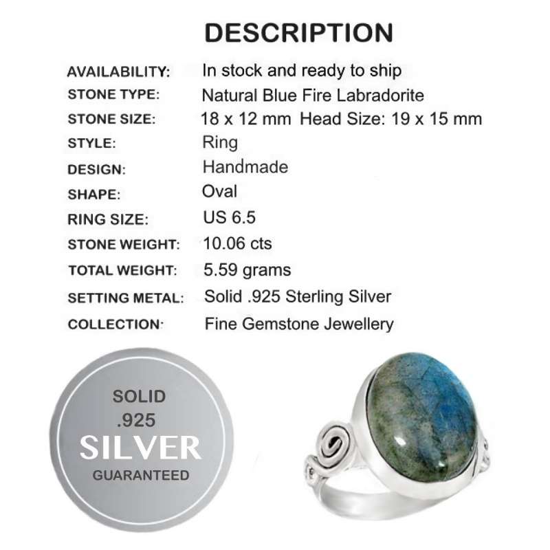 10.06 Ct Natural Canadian Blue Fire Labradorite in Solid .925 Sterling Silver Ring Size US 6.5 /N