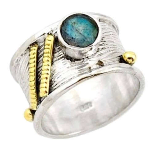 Two Tone Natural Canadian Blue Labradorite set in Solid .925 Sterling Silver Ring Size 8/ Q