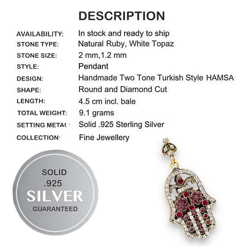 Hamsa (Hand of God) Two Tone Turkish Ruby and White Topaz set in Solid 925 Sterling Silver Pendant