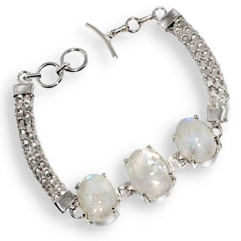 Natural Rainbow Moonstone Oval Gemstones set in .925 Sterling Silver  Plated Handmade Bracelet