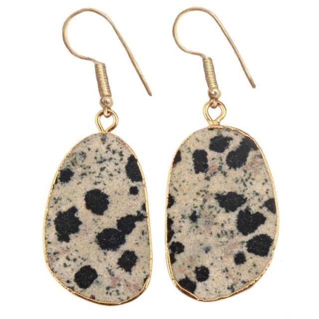 Natural Dalmation Jasper Gemstone set in Gold Plating over Brass Earrings