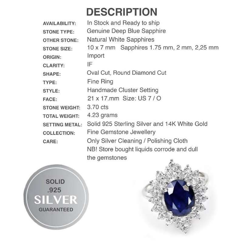 Deluxe Natural Blue Sapphire & White Cubic Zirconia in Solid 925 Silver 14K W/Gold Ring Size 7 / O