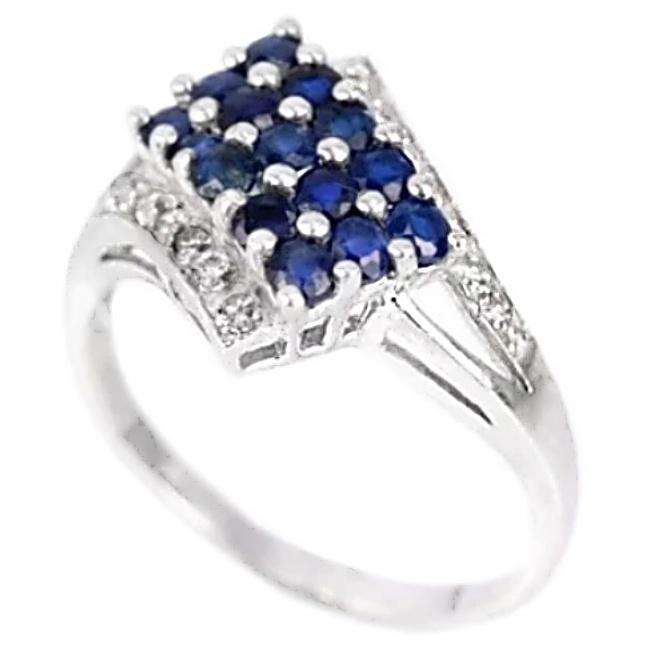 15 Natural Deep Blue Sapphires, White Cubic Zirconia in Solid .925 Sterling Silver 14K W/Gold Ring