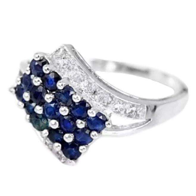15 Natural Deep Blue Sapphires, White Cubic Zirconia in Solid .925 Sterling Silver 14K W/Gold Ring
