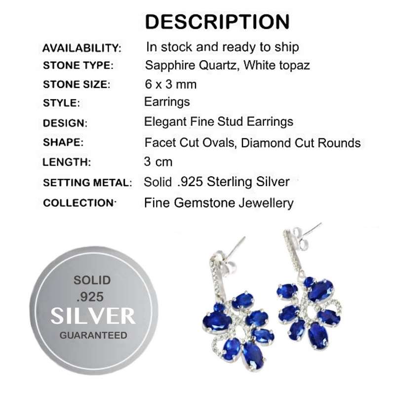 Dainty Blue Sapphire & White Cubic Zirconia in Solid .925 Sterling Silver Stud Drop Dangle Earrings