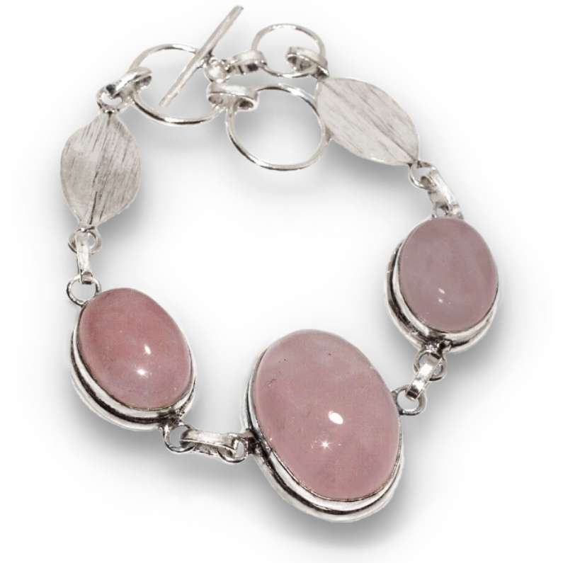 Natural Rose Quartz Oval Gemstones with Leaf Charm .925 Sterling Silver Plated Handmade Bracelet