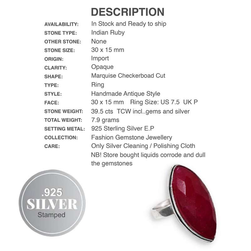 Indian Ruby Marquise Shape set in  925 Sterling Silver Plated Handmade Ring Size US 7.5 / P