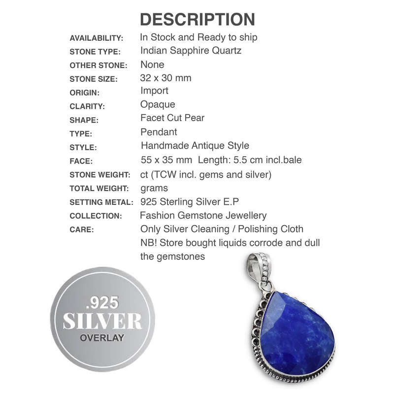 Indian Sapphire Quartz Simulated Pear set in Antique Style .925 Sterling Silver Plated Pendant