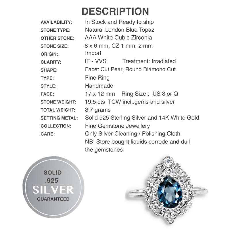 Natural London Blue Topaz White Cz in Solid  .925 Sterling Silver 14K White Gold Ring Size 8 / Q