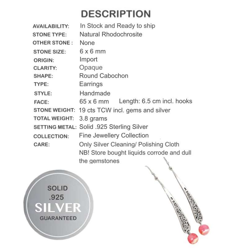 Natural Rhodochrosite Gemstone set in Solid .925 Sterling Silver Earrings