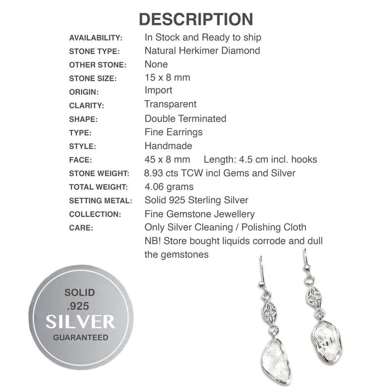 Natural Herkimer Diamond Gemstone set in Solid .925 Sterling Silver Drop Dangle Earrings
