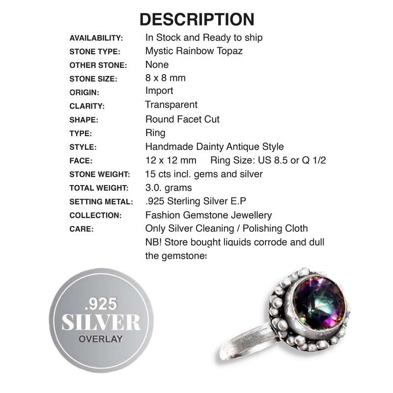 Dainty Mystic Rainbow Topaz Round set in .925 Sterling Silver Plated Handmade Ring Size 8.5 / Q 1/2