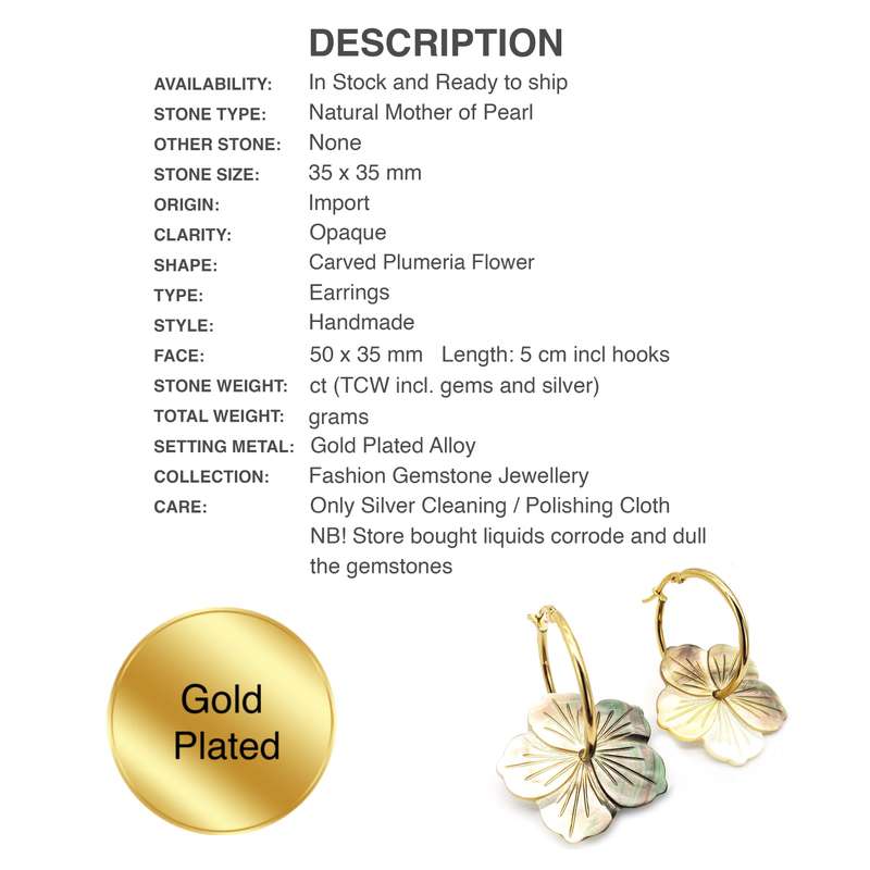 Handmade Natural Mother of Pearl Plumeria Flower Gold Plated Earrings