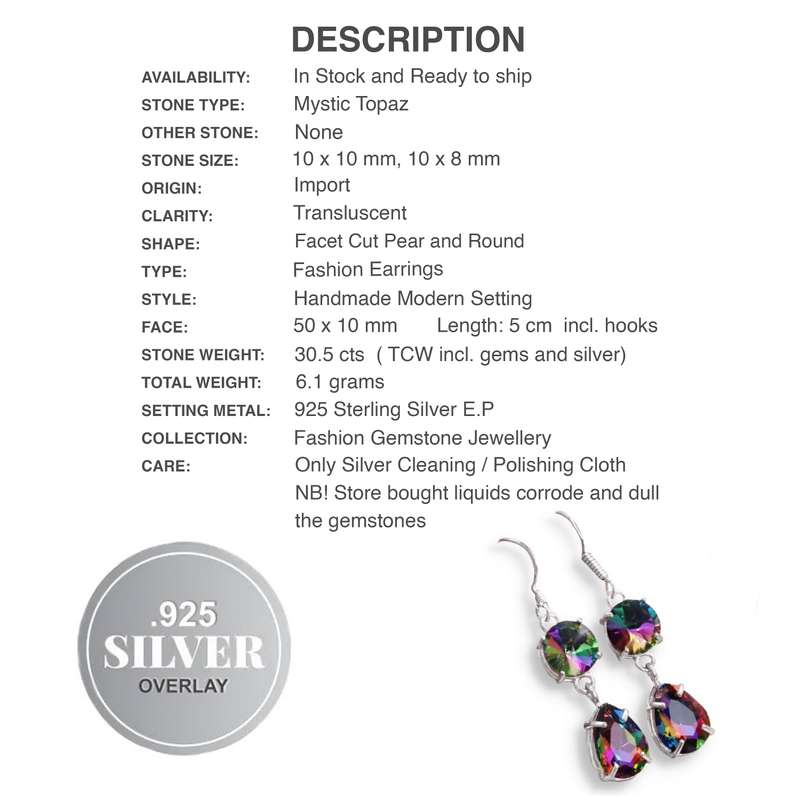 Handmade Rainbow Mystic Topaz  Pear Shape set in .925 Sterling Silver Plated Drop Dangle Earrings