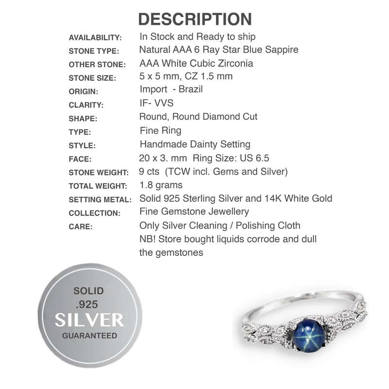 Natural AAA 6 Ray Star Blue Sapphire & White CZ in Solid 925 Silver 14K W/Gold Ring Size US 6.5/N