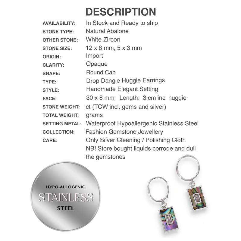 Natural Abalone Shell and White Zircon Gemstone Hypoallergenic Stainless Steel Huggie Earrings