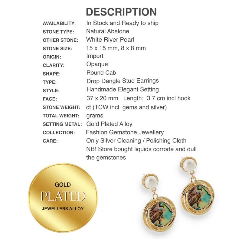 Natural Abalone Shell and White River Pearl Gemstone Gold Plated Stud Earrings