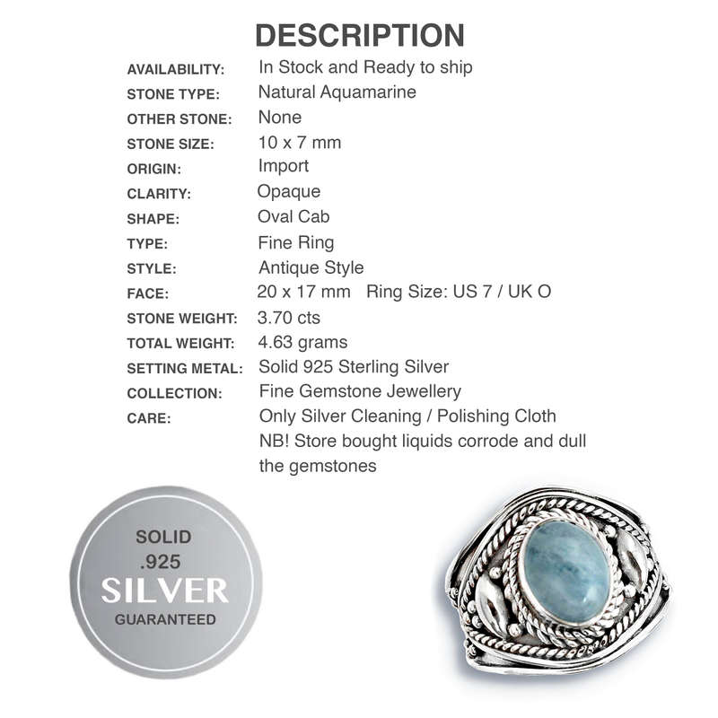 Natural Brazilian Aquamarine Oval Gemstone Solid .925 Sterling Silver Ring Size US 7 / O