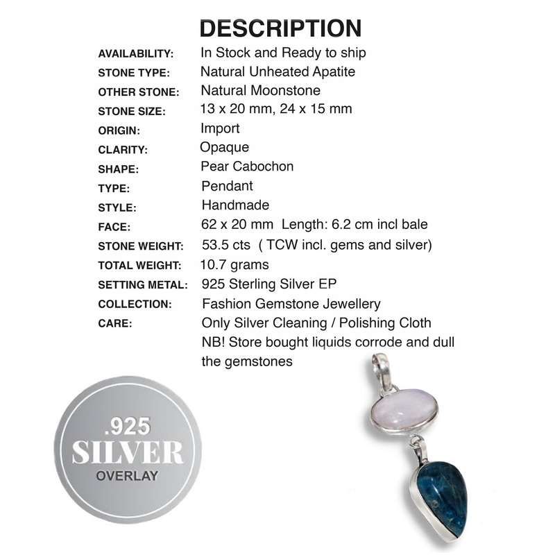 Natural Blue Green Apatite and Moonstone Gemstone set in .925 Sterling Silver Plated Pendant