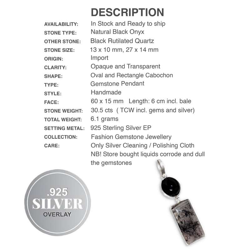 Handmade Black Onyx and Black Rutile Quartz Gemstone .925 Sterling Silver Plated Pendant