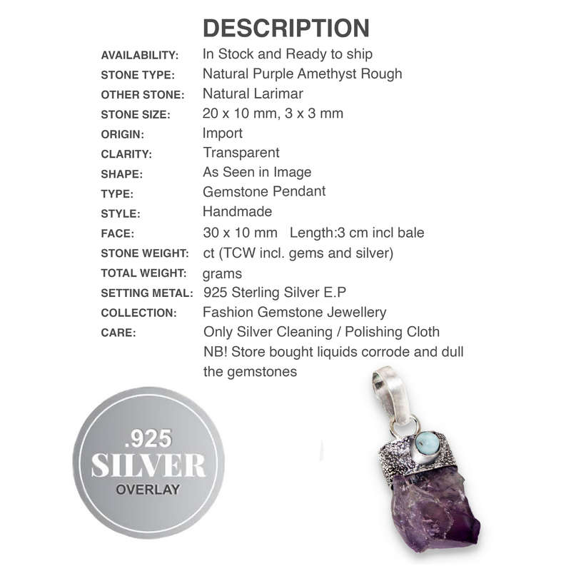 Natural Purple Amethyst Rough Caribbean Larimar Gemstone 925 Sterling Silver Pendant