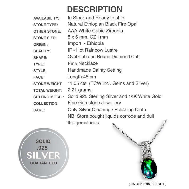 Dainty Natural Rainbow Flash Black Fire Opal Solid.925 Sterling Silver 14K White Gold Necklace