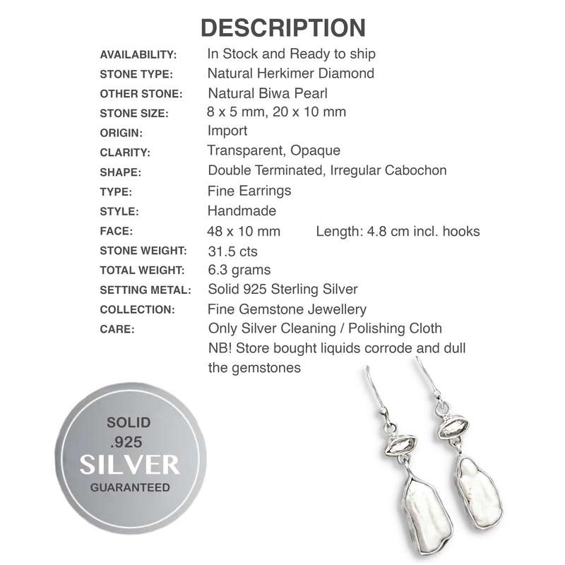 Natural Biwa Pearl, Herkimer Diamond  set in Solid .925 Sterling Silver Earrings