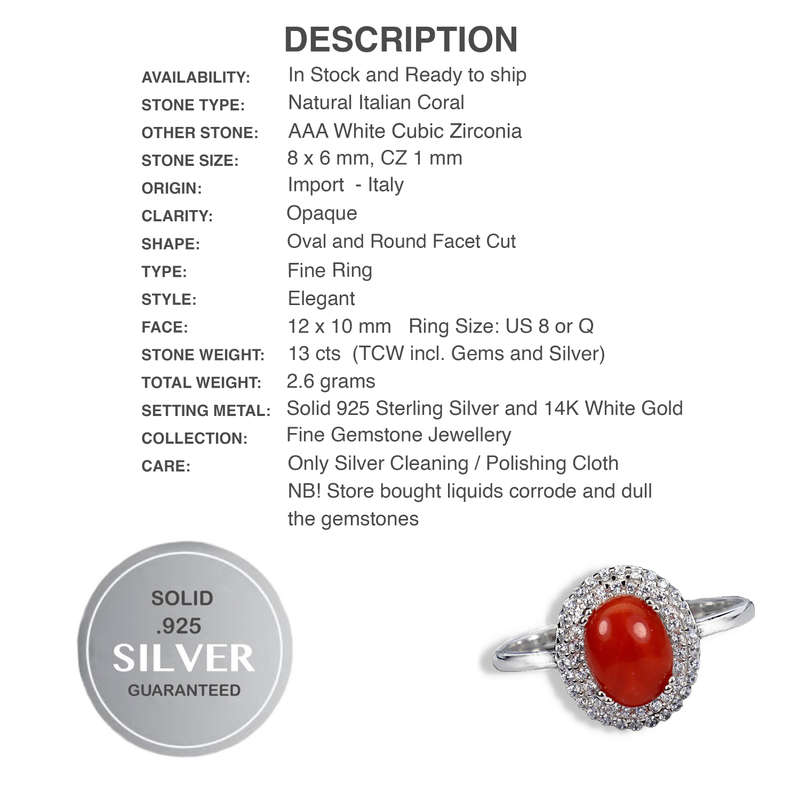 Rare Natural Unheated Italian Coral AAA White CZ in Solid Sterling Silver White Gold Ring Size 8/Q