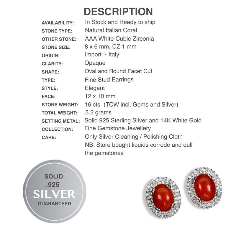 Rare Natural Unheated Italian Coral AAA White CZ in Solid Sterling Silver White Gold Stud Earrings