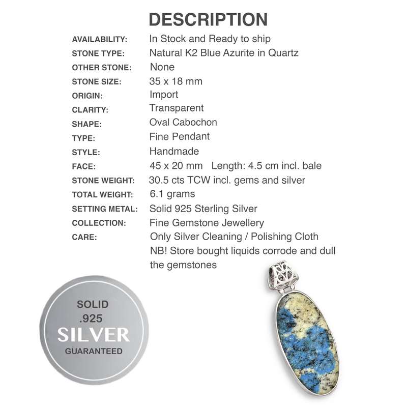 Natural Blue K2 Azurite In Quartz Gemstone set in Solid .925 Sterling Silver Fine Pendant