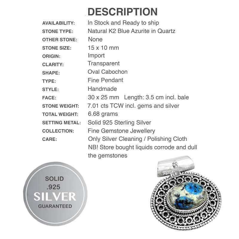 Victorian Natural K2 Blue Azurite in Quartz Gemstone in Solid .925 Sterling Silver Dainty Pendant