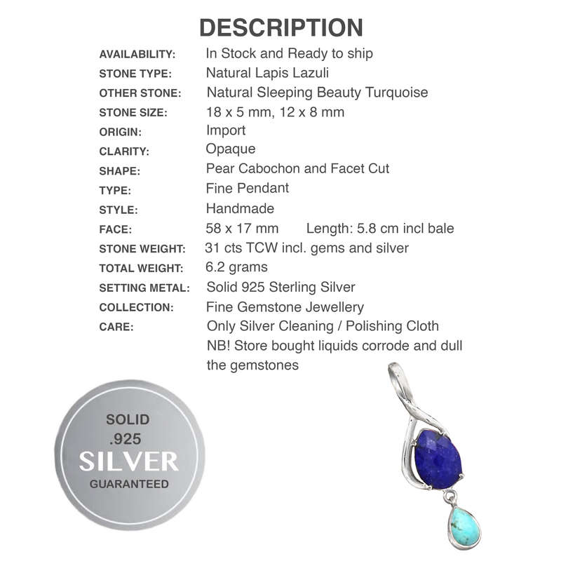Natural Lapis Lazuli and Sleeping Beauty Turquoise Gemstone in Solid .925 Sterling Silver Pendant