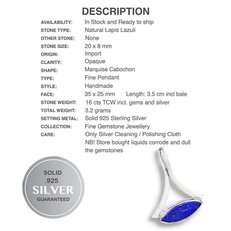 Natural Lapis Lazuli Marquise Shape Gemstone set in Solid .925 Sterling Silver Modern Pendant