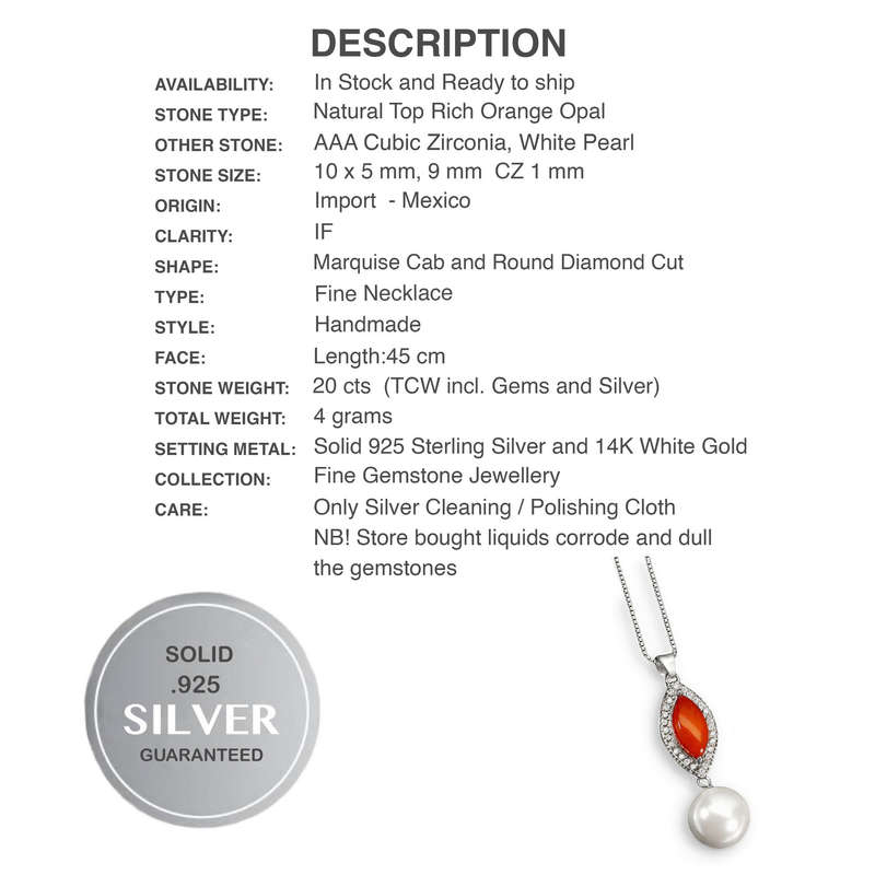 Natural Top Rich Mexican Orange Opal & White CZ Freshwater Pearl Solid .925 Sterling Silver Necklace