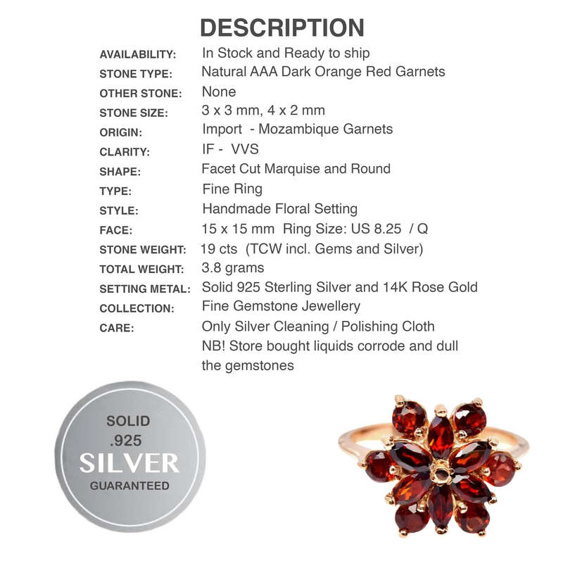 Deluxe 12 Unheated Mozambique Garnets set in Solid .925 Sterling Silver 14K Rose Gold Ring US 8.25