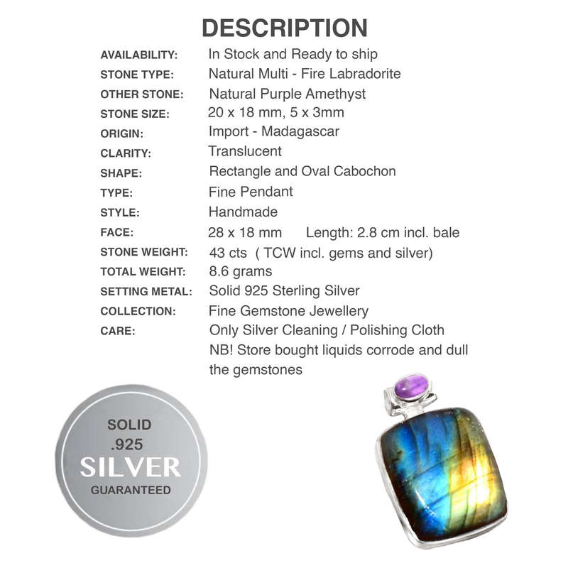 Natural Multi Fire Labradorite and Purple Amethyst set in Solid .925 Silver Sterling Pendant