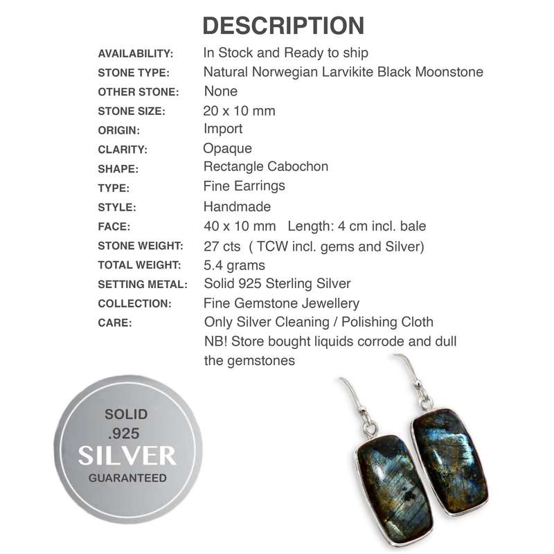 Natural Norwegian Larvikite Rectangle Gemstone set in Solid .925 Sterling Silver Earrings