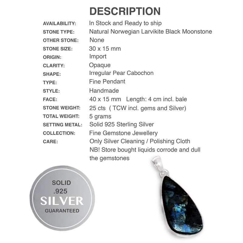 Natural Norwegian Larvikite Gemstone set in Solid .925 Sterling Silver Pendant