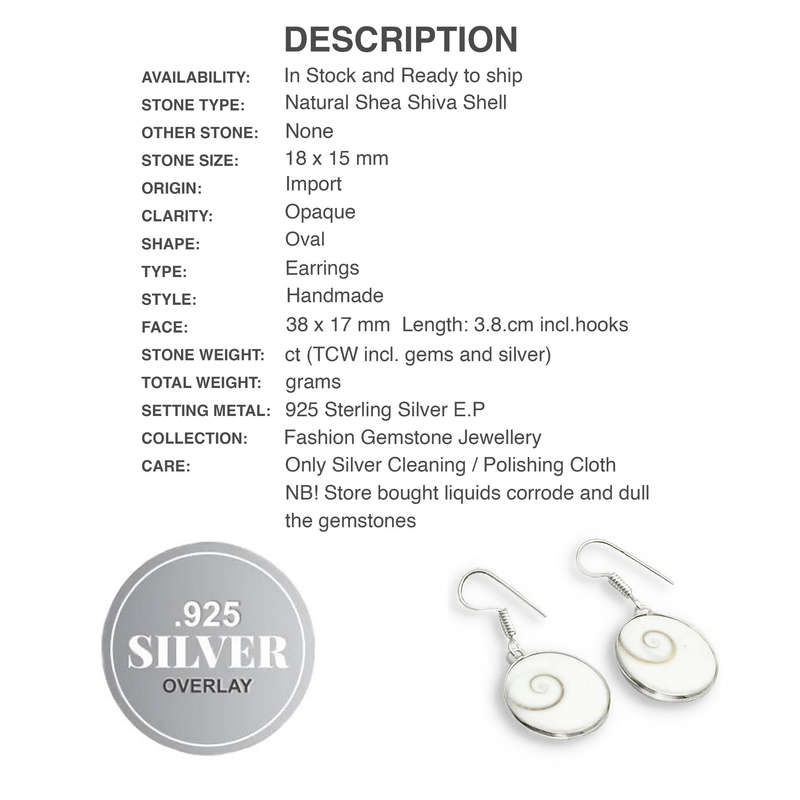 Natural Shea Shiva Shell Oval set in . 925 Sterling Silver Plated Handmade Earrings