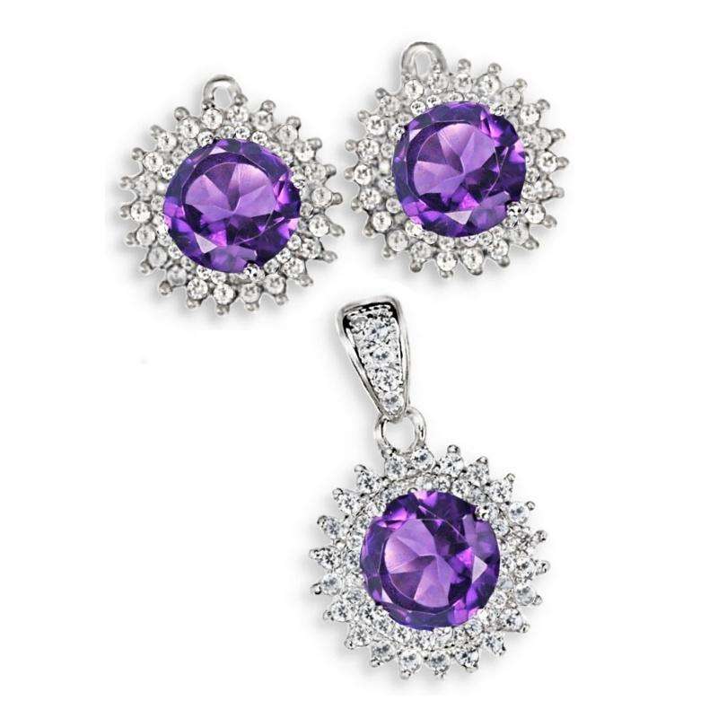 Natural Unheated Purple Amethyst and White Cubic Zirconia Gemstone Solid .925 Sterling Silver Set