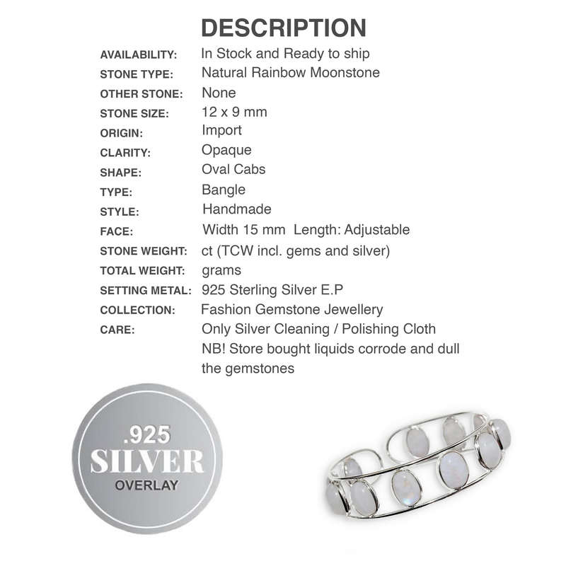 Natural Rainbow Moonstone  Gemstone Ovals set in .925 Sterling Silver Plated Adjustable Bangle