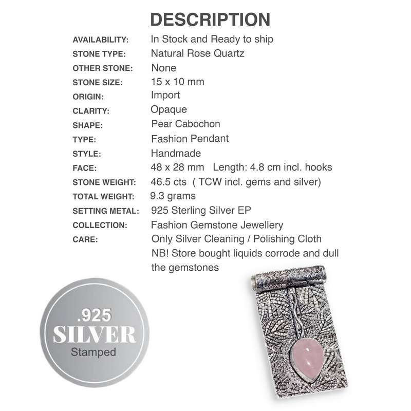 Natural Pink Rose Quartz Pear Gemstone with Embossed Leaf Floral 925 Sterling Silver Plated Handmade
