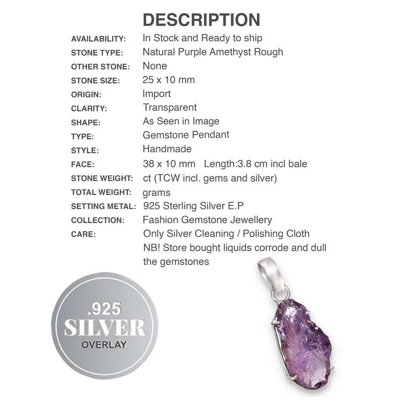 Natural Purple Amethyst Rough Gemstone 925 Sterling Silver Pendant