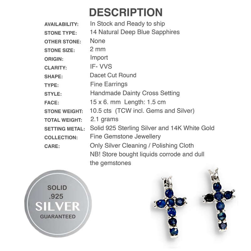 14 Genuine Blue Sapphires set in Solid .925 Sterling Silver 14K White Gold Cross Set Huggie Earrings